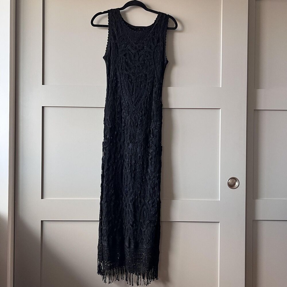 Vintage Carole Little‎ Dress Womens 12P Black Crochet Lace Maxi Boho Fringe 90s